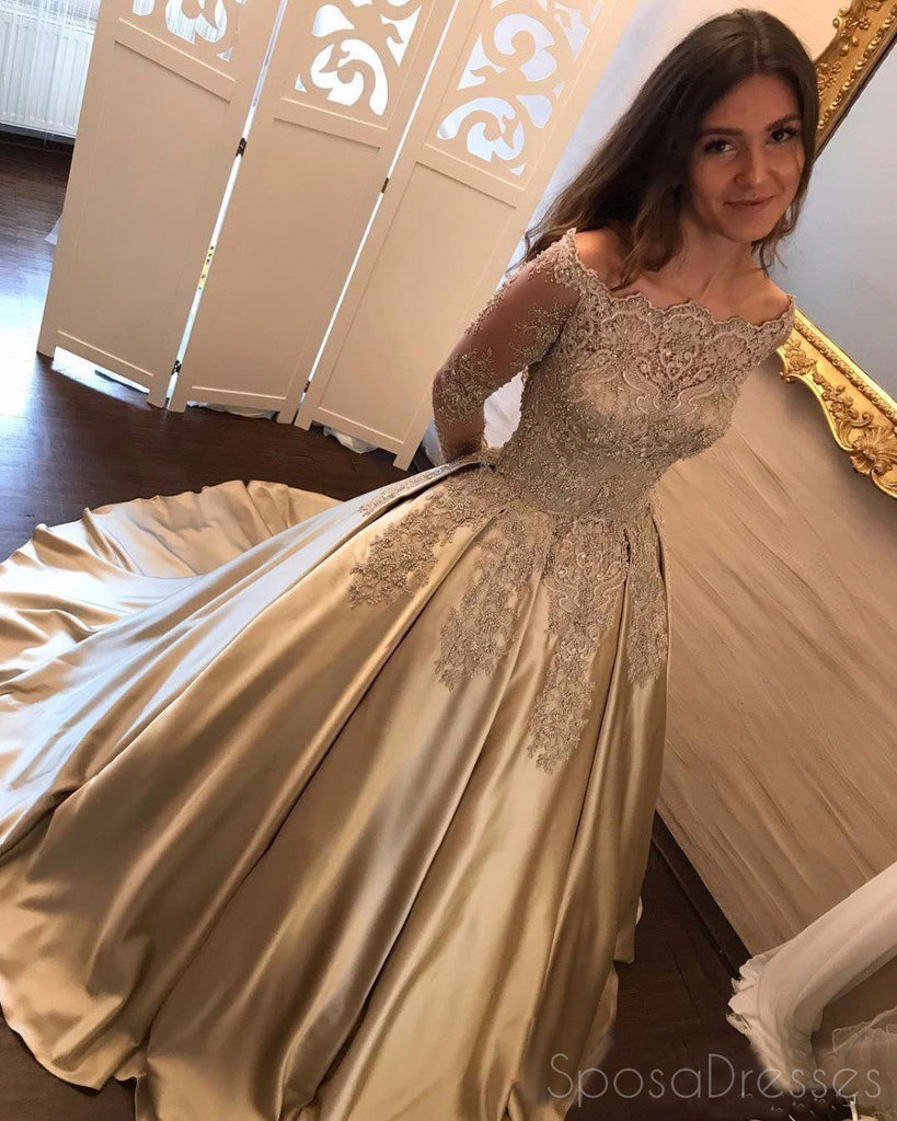 Fuera del Hombro de Manga Larga de Oro con Cuentas Una línea Brillante de Noche, vestidos de fiesta, Vestidos 17159