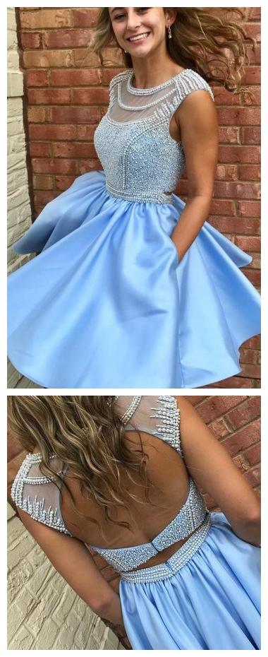 Open Back Blue Cap Sleeve Soop Curto Barato Vestidos de boas vindas on-line, CM564