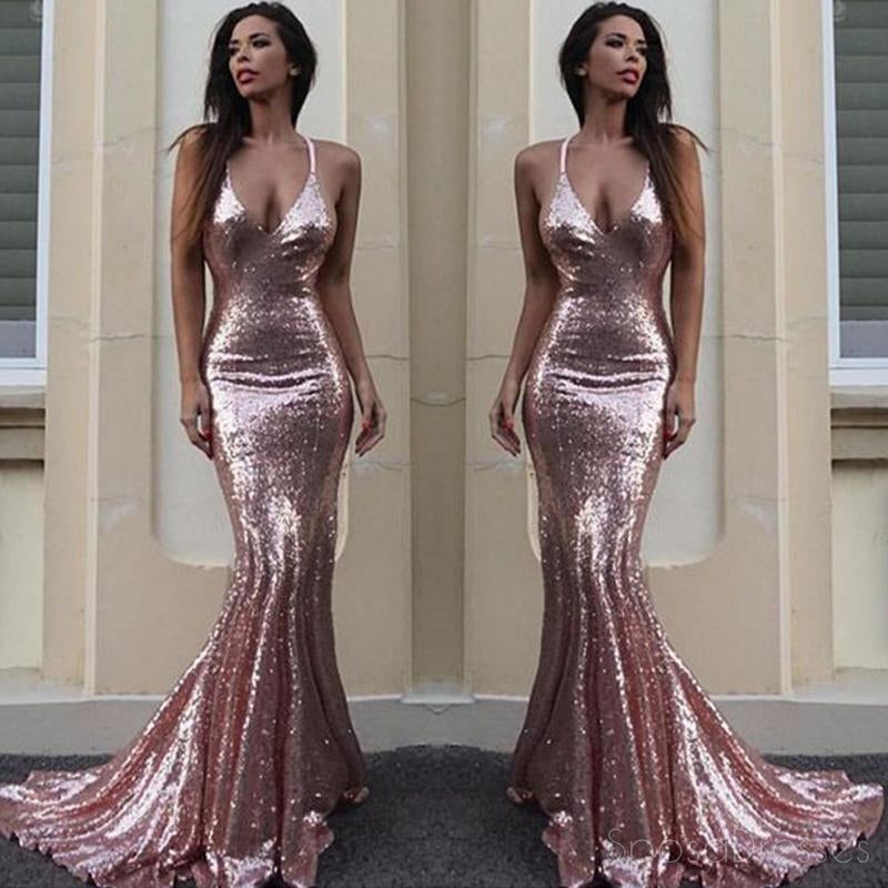 Sexy Backless Rose Gold Sequin Mermaid Evening Prom Dresses, Popular Party Prom Dresses, Custom Long Prom Dresses, Cheap Formal Prom Dresses, 17210