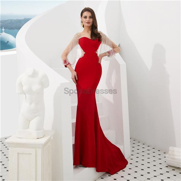 Red Long Sleeves See Through Back Beaded Mermaid Evening Prom Dresses, Evening Party Prom Dresses, 12082