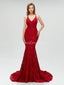 Sexy Backless Maroon Lace Mermaid Long Custom Evening Prom Dresses, 17396