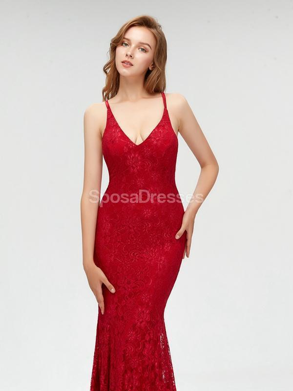 Sexy Backless Maroon Lace Mermaid Long Custom Evening Prom Dresses, 17396