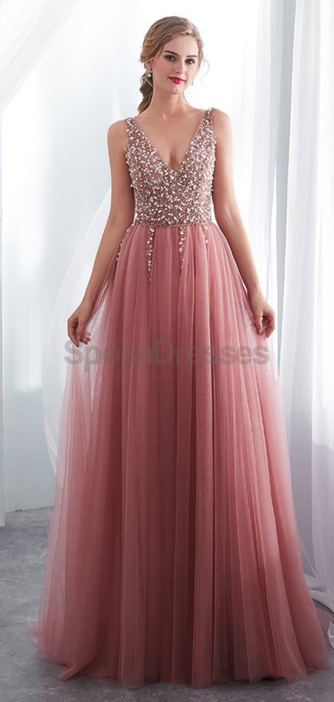 V Neck Lace Beaded Peach Evening Prom Dresses, Evening Party Prom Dresses, 12022