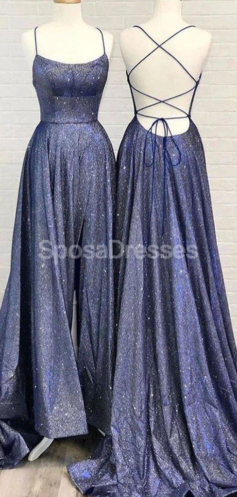 Navy Blue Spaghetti Straps Glitter Long Evening Prom Dresses, Evening Party Prom Dresses, 12282