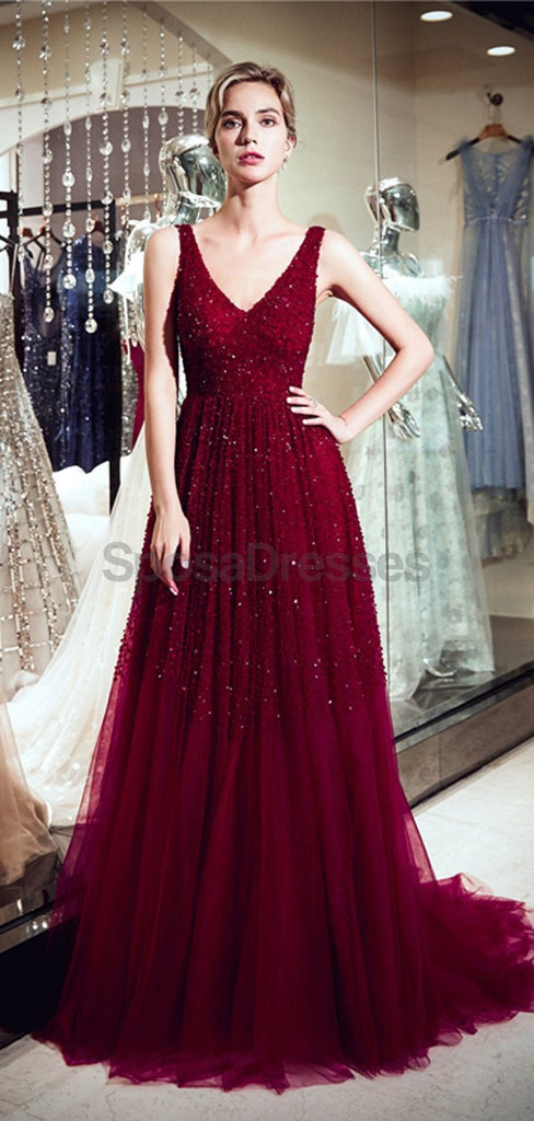 V Neck Dark Red Beaded A-line Vestidos de Baile da Noite, Vestidos de Baile de Festa da Noite, 12061