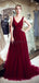 V Neck Dark Red Beaded A-line Evening Prom Dresses, Evening Party Prom Dresses, 12061