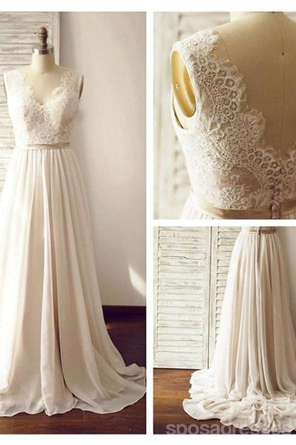 Lace Backless Beach Wedding Dresses, Chiffon Long Custom Wedding Gowns, 17097