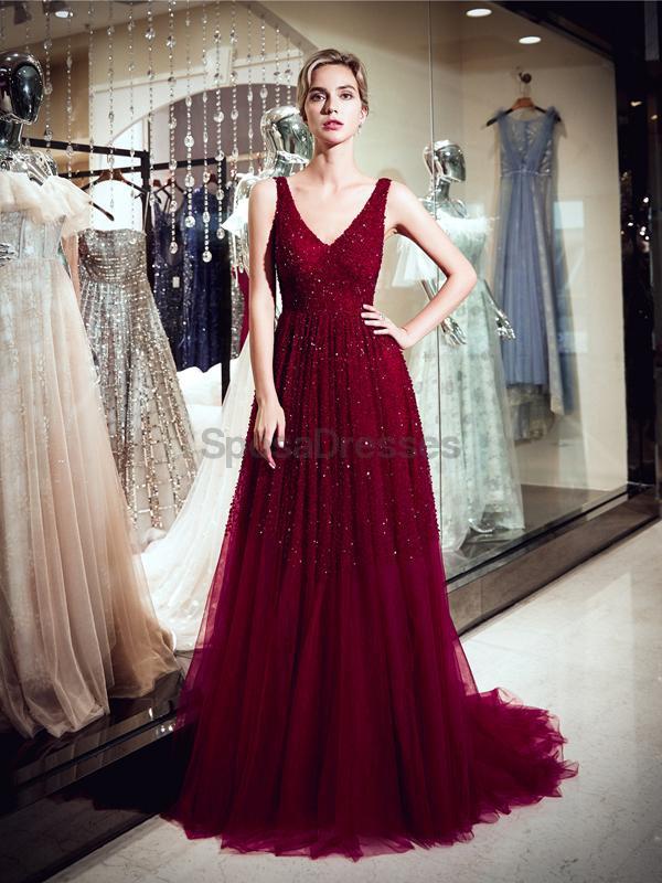 V Neck Dark Red Beaded A-line Evening Prom Dresses, Evening Party Prom Dresses, 12061