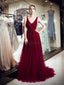 V Neck Dark Red Beaded A-line Evening Prom Dresses, Evening Party Prom Dresses, 12061