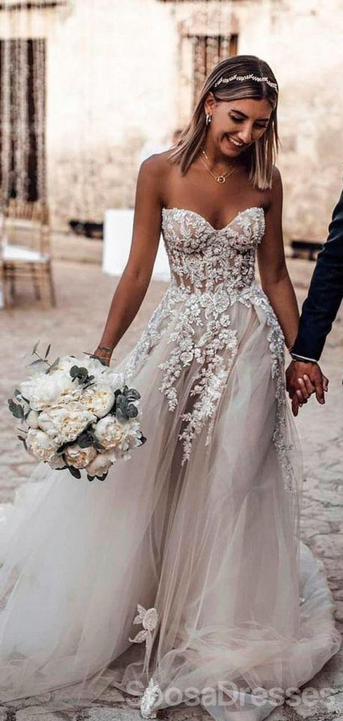 Sweetheart Lace See Through Cheap Wedding Dresses Online, Cheap Unique Bridal Dresses, WD596