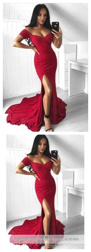 Simple Off Shoulder Side Slit Mermaid Cheap Long Evening Prom Dresses, Cheap Sweet 16 Dresses, 18328