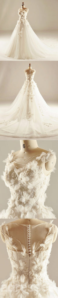 Round Neckline See Through Handmade Flower A line Wedding Dresses, Custom Made Wedding Dresses, Cheap Wedding Gowns, WD217