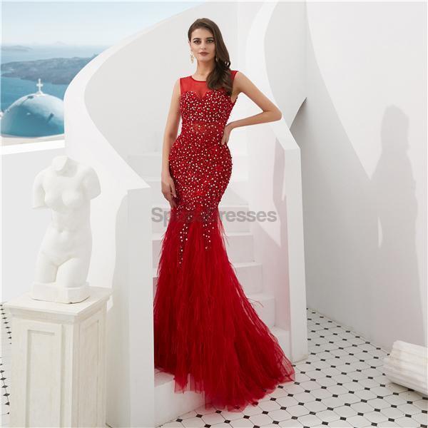 Dark Red Heavily Beaded Feather Mermaid Evening Prom Dresses, Evening Party Prom Dresses, 12098