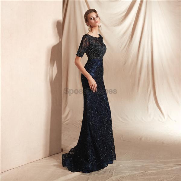 Navy 1/2 Long Sleeves Lace Beaded Mermaid Evening Prom Dresses, Evening Party Prom Dresses, 12073