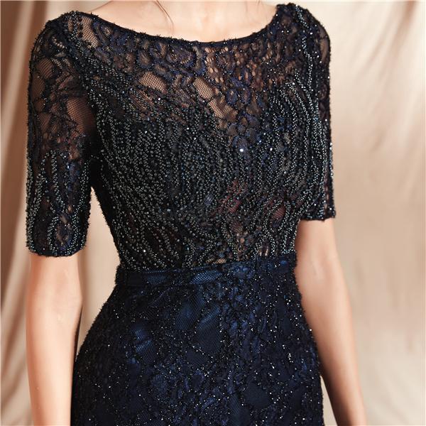 Navy 1/2 Long Sleeves Lace Beaded Mermaid Evening Prom Dresses, Evening Party Prom Dresses, 12073