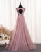 Dusty Pink Open Back Cap Sleeve Custom Long Evening Prom Dresses, 17722