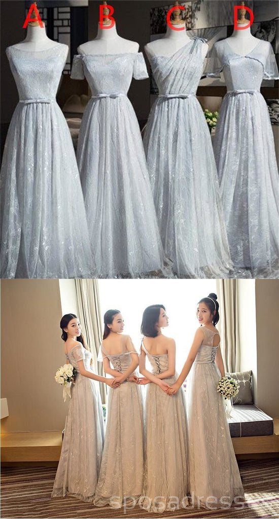 Mismatched Elegant Gray Lace Soft Tulle Long Bridesmaid Dresses,  BD014