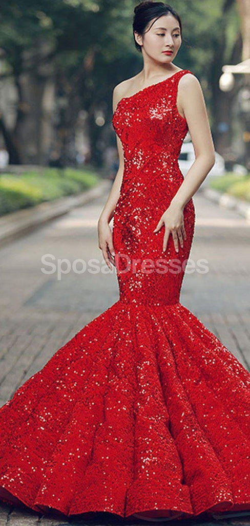 One Shoulder Red Sequin Mermaid Evening Prom Dresses, Evening Party Prom Dresses, 12267