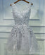 Two Straps Gray Lace Beaded Homecoming Prom Dresses, Affordable Short Party Prom Dresses, Perfect Homecoming Dresses, CM263