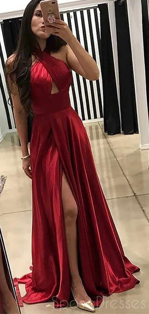 Halter Red Side Slit Red Long Evening Prom Dresses, Sweet 16 Prom Dresses, 12374