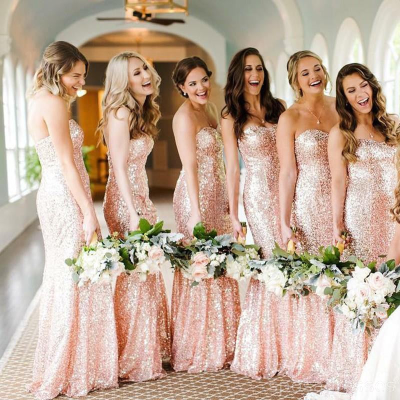 Rose Gold Sequin Mermaid Custom Long Bridesmaid Dresses, WG227