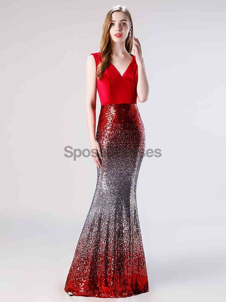 V Neck Ombre Sequin Mermaid Evening Prom Dresses, Evening Party Prom Dresses, 12115