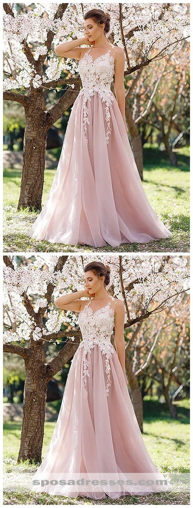 Jewel Neck A-line Lace Applique Pink Evening Prom Dresses, Sweet 16 Dresses, 18303