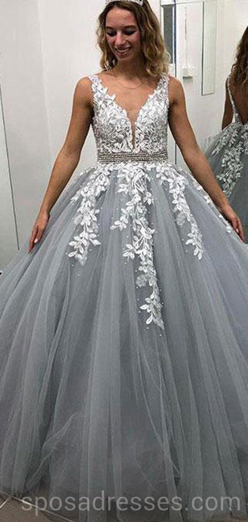 V Neck Grey Lace Ball Gown Long Evening Prom Dresses, Cheap Custom Party Prom Dresses, 18582