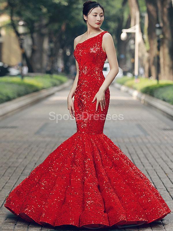 One Shoulder Red Sequin Mermaid Evening Prom Dresses, Evening Party Prom Dresses, 12267