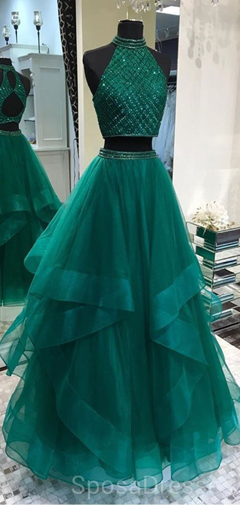 Sexy Two Pieces Emerald Green Open Back Evening Prom Dresses, Cheap Custom Sweet 16 vestidos, 18488