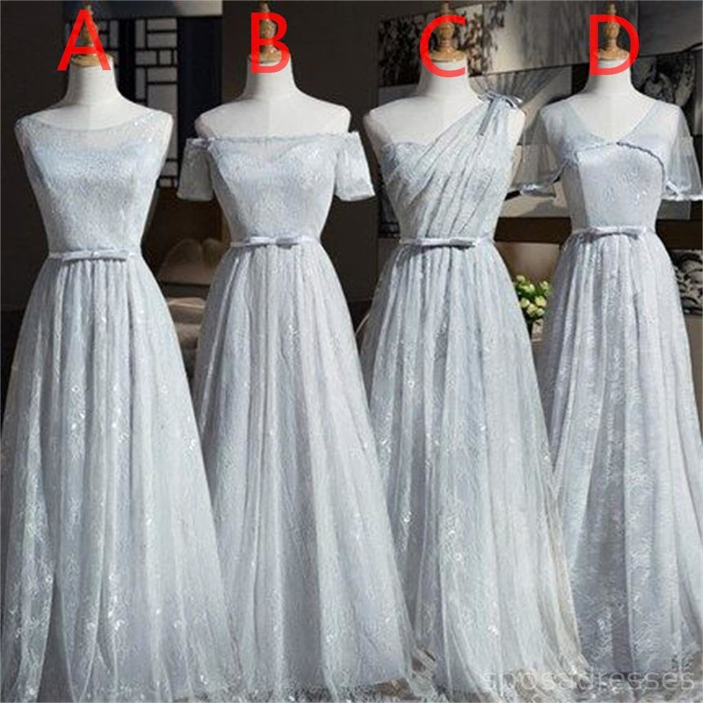 Mismatched Elegant Gray Lace Soft Tulle Long Bridesmaid Dresses,  BD014