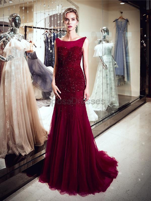 Scoop Dark Red Beaded Mermaid Evening Prom Dresses, Evening Party Prom Dresses, 12062