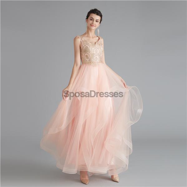 V Neck Peach A-line Gold Bodice Abend Prom Dresses, Abend Party Prom Dresses, 12120