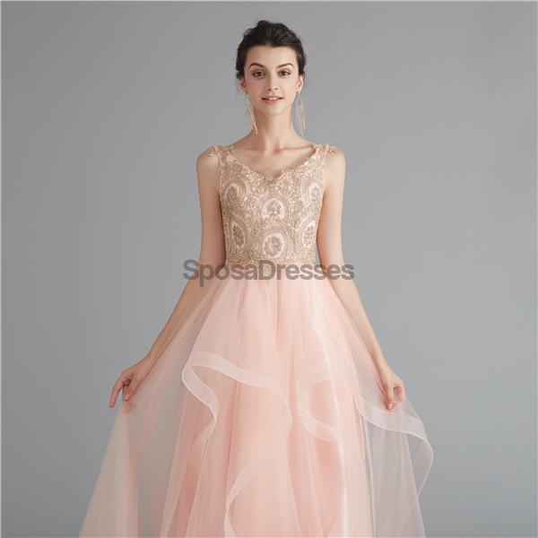 V Neck Peach A-line Gold Bodice Abend Prom Dresses, Abend Party Prom Dresses, 12120