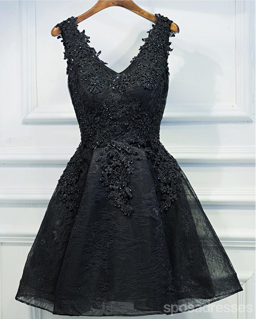 Two Straps Black Lace Heavily Beaded Homecoming Prom Dresses, Affordable Short Party Prom Dresses, Perfect Homecoming Dresses, CM264