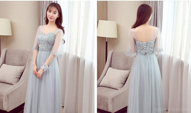 Mismatched Affordable Gray Lace Soft Tulle Long Bridesmaid Dresses, BD015