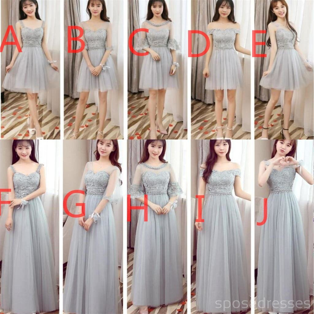 Mismatched Affordable Gray Lace Soft Tulle Lange Brautjungfer Dresses, Billig Brautjungfer Dresses, Erschwingliche Brautjungfer Kleider, BD015