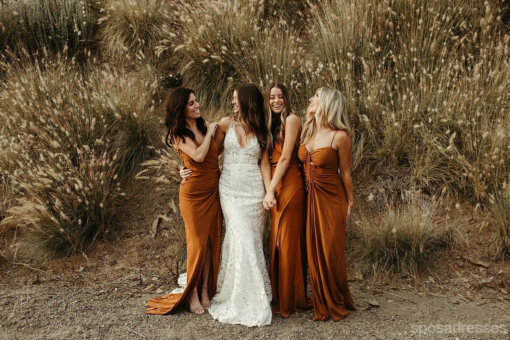 Mismatched Burnt Orange Mermaid Sleeveless Long Bridesmaid Dresses Gown Online,WG1087