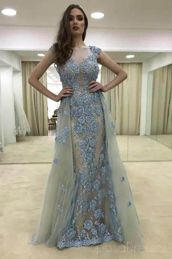 Sexy See Through Sparkly Cap Sleeve Mermaid Lace Beaded Pieces Long Evening Prom Dresses, 17466