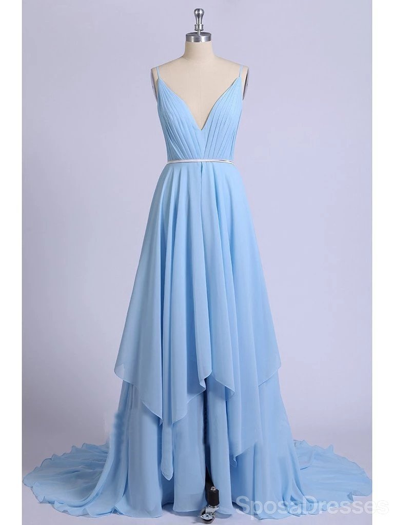 Side Slit V-Neck Blue Chiffon Cheap Wedding Dresses Online, Cheap Unique Bridal Dresses, WD609