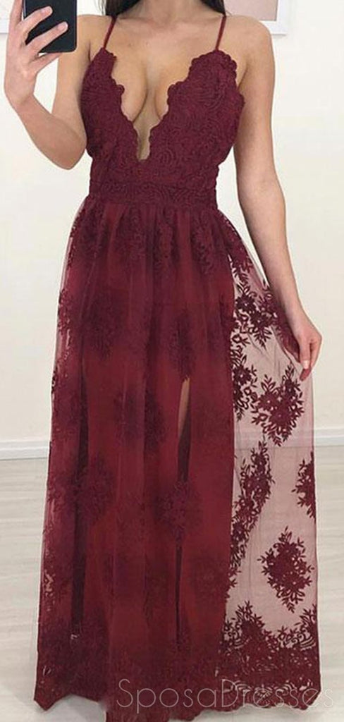 Maroon Side Slit Lace Cheap Long Evening Prom Dresses, Custom Sweet16 Dresses, 18416