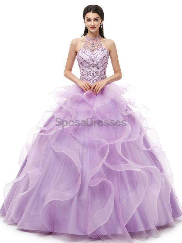 Halter Lila Lila Heavy Beaded Quinceanera Vestidos, Vestidos de fiesta de noche, 12101