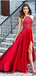 Bright Red Halter Side Slit Beaded Evening Prom Dresses, Cheap Custom Sweet 16 Dresses, 18480