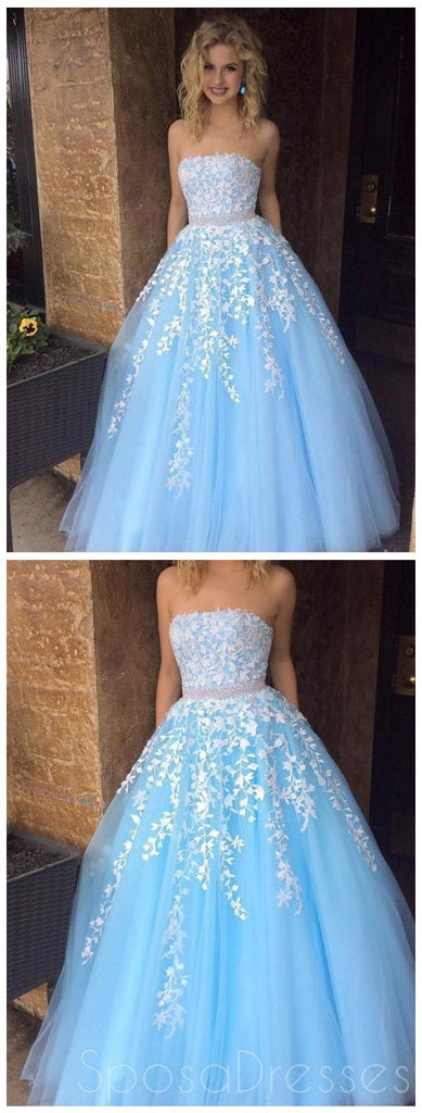 Vestidos de fiesta de noche largos de una línea de encaje azul con cuentas largas, vestidos baratos de Sweet 16, 18378