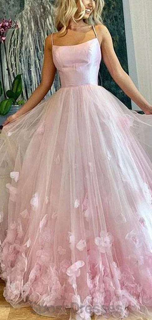 Spaghetti Straps Pink Handmade Flower Long Evening Prom Dresses, Evening Party Prom Dresses, 12161