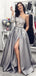 Grey One Shoulder Long Sleeves Lace Long Evening Prom Dresses, Cheap Custom Sweet 16 Dresses, 18469