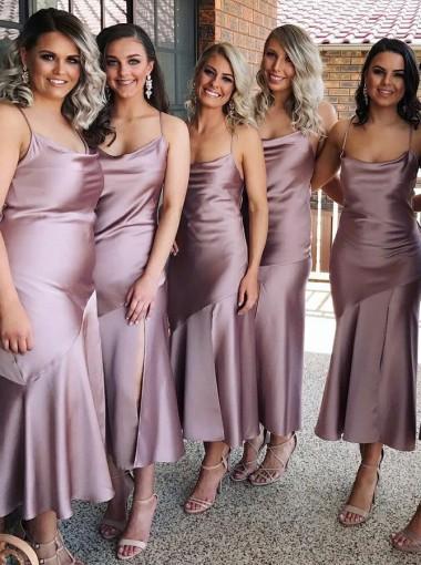 Spahgetti Straps Dusty Purple Tea Length Cheap Custom Bridesmaid Dresses, WG270