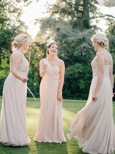 One Shoulder Chiffon Long Cheap Champagne Bridesmaid Dresses Online, WG273