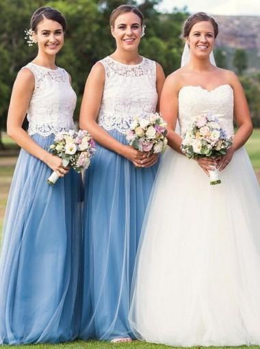 Ilusion Lace Blue Tulle Skirt Long Cheap Bridesmaid Dresses on-line, WG277