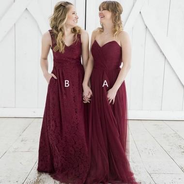 Ασυμφωνία Burgundy Tulle A-line Φτηνές μεγάλες παράνυμφοι φορέματα σε απευθείας σύνδεση, WG366